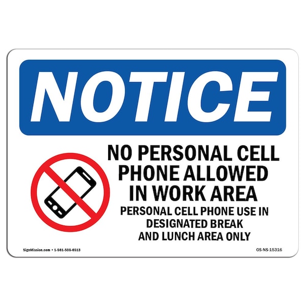Sign, 3.5" H, Cell Phone Use In Designated Area Sign, Landscape, NS-D-35-L-15316-10PK